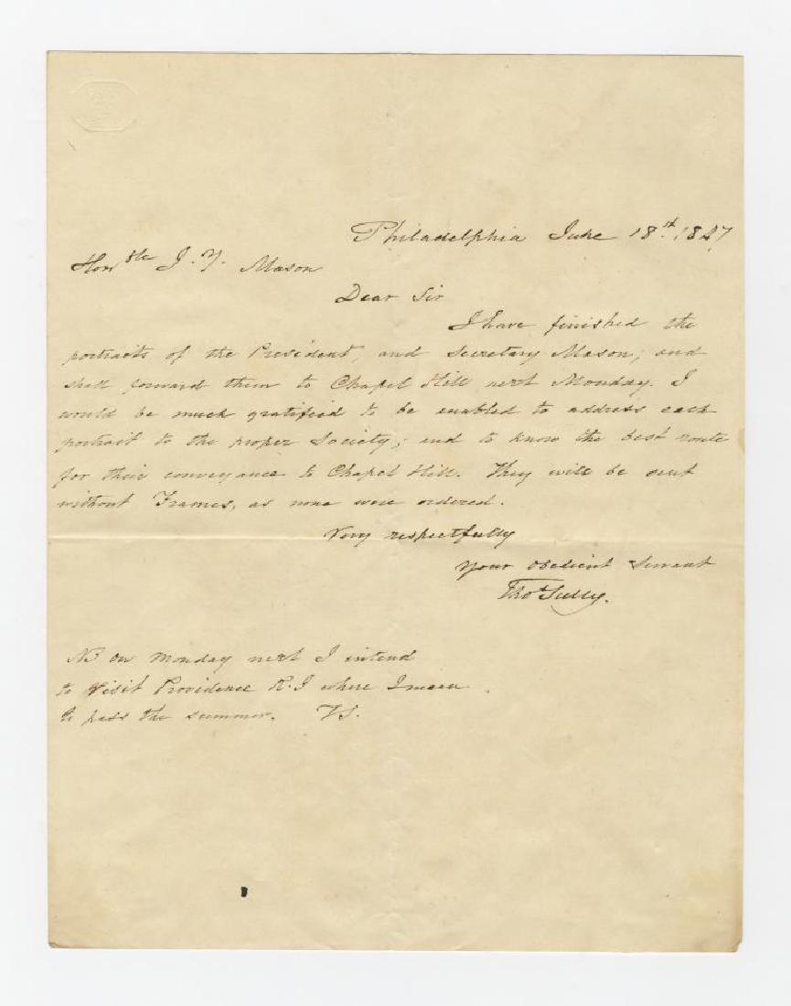 Important ALS Painter Thomas Sully re portrait of: Thomas Sully arranges for the framing and delivery of his portraits of President James K. Polk and his Secretary of the Navy John Y. Mason Fine content Autograph Letter Signed, "Thos Sully," 1 page, 1