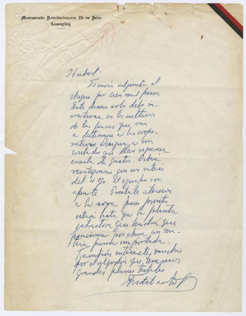 Fidel Castro ALS re check with racy endorsement " stop: Fabulous handwritten letter of Cuban dictator Fidel Castro transmitting $100,000 for agricultural development tied into the U. S. embargo, and the highly inflammatory Castro endorsed bank check from 1