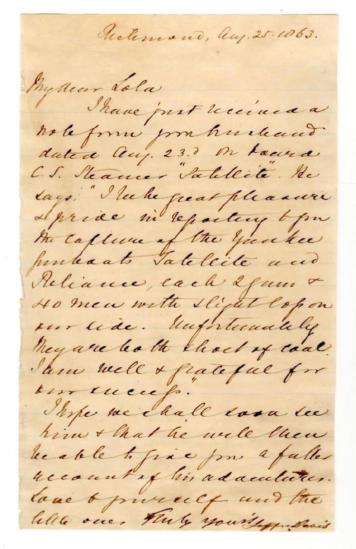 Civil War Date Jefferson Davis ALS to wife of: Incredible War Date ALS by Jefferson Davis to the wife of Confederate naval hero John Taylor Wood, relating Wood's daring capture of Union gunboats Satellite & Reliance JEFFERSON DAVIS (1808-1889) Imp