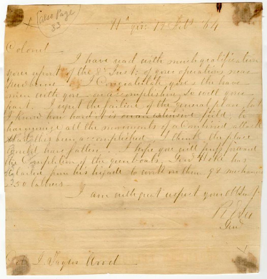 Robert E Lee offers congrats to Confederate Navy Hero: Robert E. Lee writes a congratulatory Autograph Letter Signed to Confederate Naval hero John Taylor Wood after his storied raid on New Bern, North Carolina—offered with Wood's original report on the