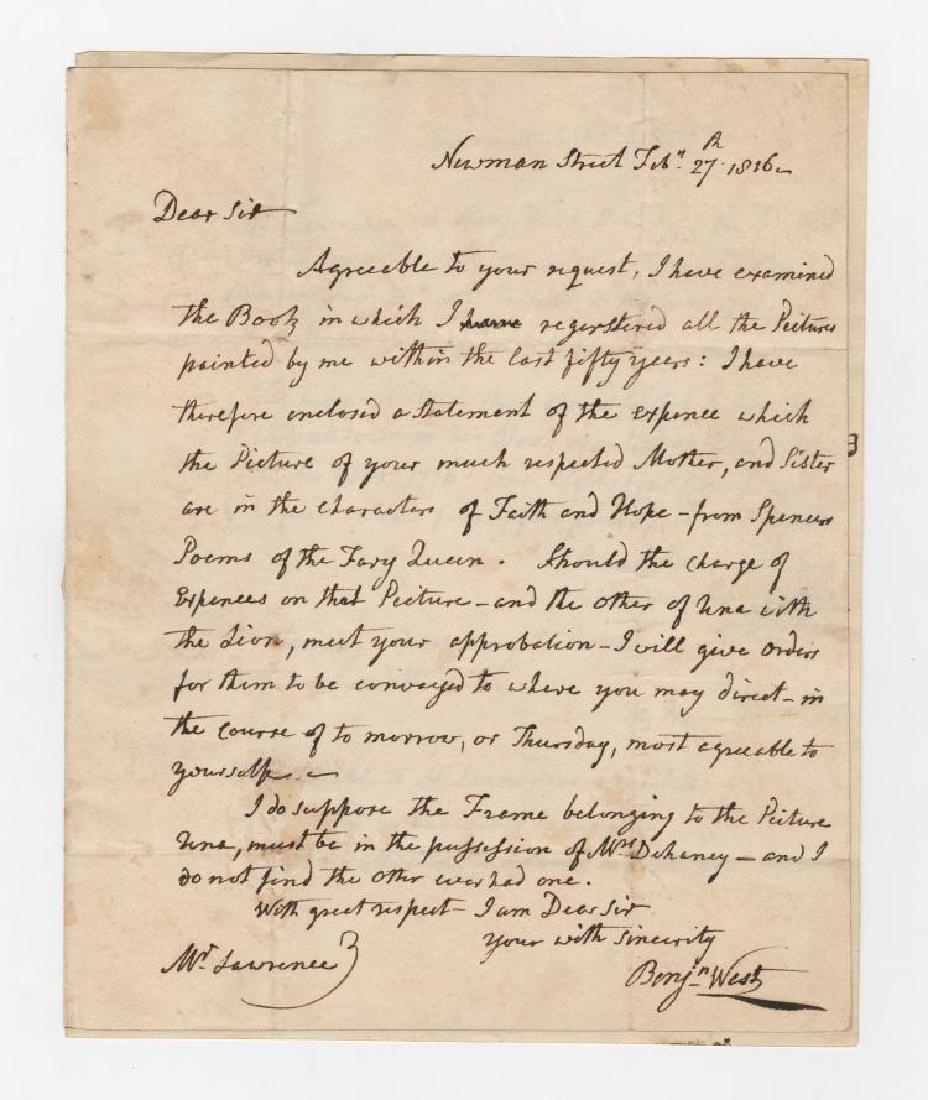 Excellent ALS by Death of General Wolfe painter: Forty years after painting a portrait in 1776, Benjamin West bills the client's son for the balance due on the commission! BENJAMIN WEST (1738-1820) Fine content Autograph Letter Signed, "Benjn West,"