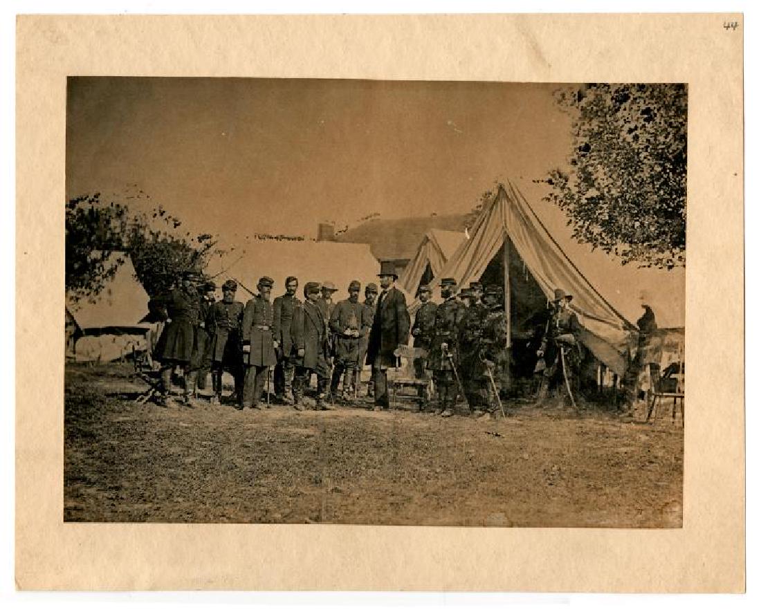 Stunning, classic photo of Abraham Lincoln at Antietam: Lincoln Abraham 1809 - 1865 Stunning, classic photo of Abraham Lincoln at Antietam O-62, taken by Alexander Gardner at Antietam on October 3, 1862. Dated '91 in the negative, 8.5" x 6.25", affixed to