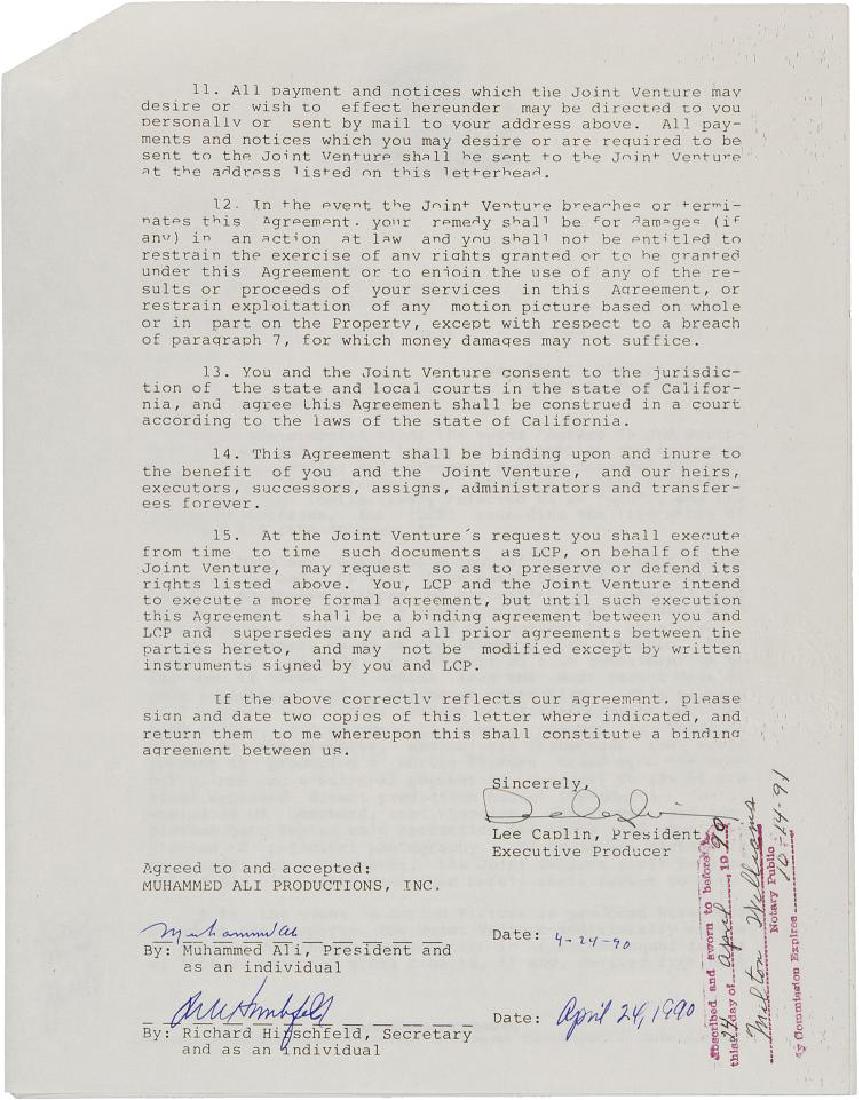 4x signed contract by boxer Muhammad Ali for 2001: Contract signed by Muhammad Ali four times agreeing to the production of a motion picture based upon his life – also signed by Lee Caplin. In 2001, "Ali" starring Oscar nominated Will Smith was prod