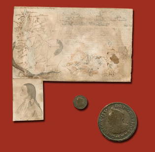 Two Coins given to British Spy Major John AndrŽe by his: AndrŽe, John (1750-1780) Two English coins owned by Major John AndrŽe, given by him to his jailer prior to his hanging as a British spy, with manuscript illustrations, map, and account detailing