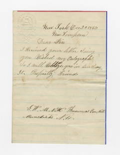 Tom Thumb's Groomsman Commodore Nutt sends an autograph: Barnum, Phineas T. (1810-1891) Commodore Nutt sends his autograph to an admirer six weeks before he was Groomsman at Tom Thumb's wedding - with carte-de-visite Brady image of Commodore Nutt and Miss