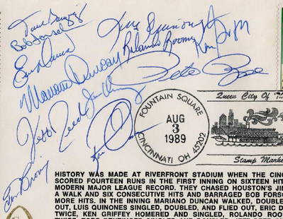 Cincinnati Reds 14 Runs scored in First Inning cachet: Signed 14-Run First Inning Full-Color Silk-Cacheted Cover commemorating the record 14 runs scored in the first inning by the Cincinnati Reds against the Houston Astros - signers include all 9