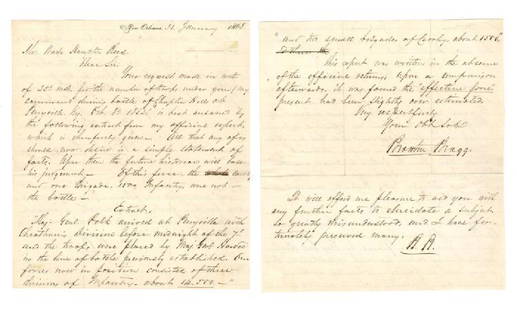 Confed Gen. Braxton Bragg writes of his forces at the: Bragg, Braxton (1817-1876) Confederate Gen. Braxton Bragg writes of his forces at the Battle of Chaplin Hills, Kentucky, after capturing the state capital from the Union Army Autograph Letter Signed