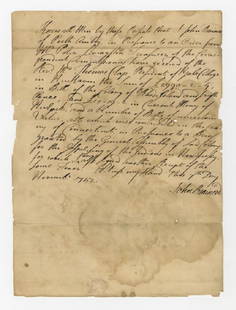 Important Document Gospelising the Indians signed by: Brainerd, Rev. John (1718-1747) Important Document written by noted Indian Missionary, Rev. John Brainerd, to the President of Yale, "Gospelising the Indians" One page historic manuscript document,