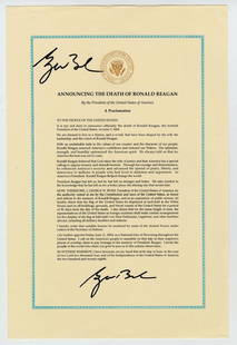 Proclamation announcing the death of Ronald Reagan: Bush, George W. (1924- ) Attractive Official Blue-Bordered Proclamation - with Presidential Seal - "Announcing the Death of Ronald Reagan" - Signed in ink by George W. Bush Printed Document Signed