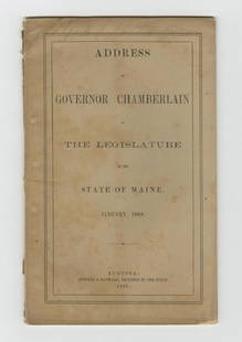 Gov of Maine & Gettysburg hero Joshua Chamberlain signs: Chamberlain, Joshua L. (1828-1914) Hero of Gettysburg and Governor of Maine, Joshua L. Chamberlain, gives speech on how to make Maine thrive again after the Civil War Printed 46 page speech, signed,