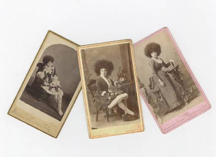 Circus Moss Hair girls Circassian beauties three: Three stunning period photographs of "Moss Hair Girls" A set of 3 Carte-de-Visites from c. 1880 of "Circassian beauties," referred to as Moss Hair girls. Each 2.25" x 3.5", affixed to period