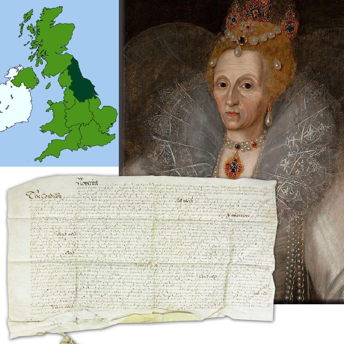Elizabeth I’s Reign Early Manuscript: Elizabeth I of England Queen Elizabeth I’s Reign Early Manuscript “The Condicon of this obligation is first that whereas abovebound Edmund Goodheir…” 1p ADS on vellum signed by two