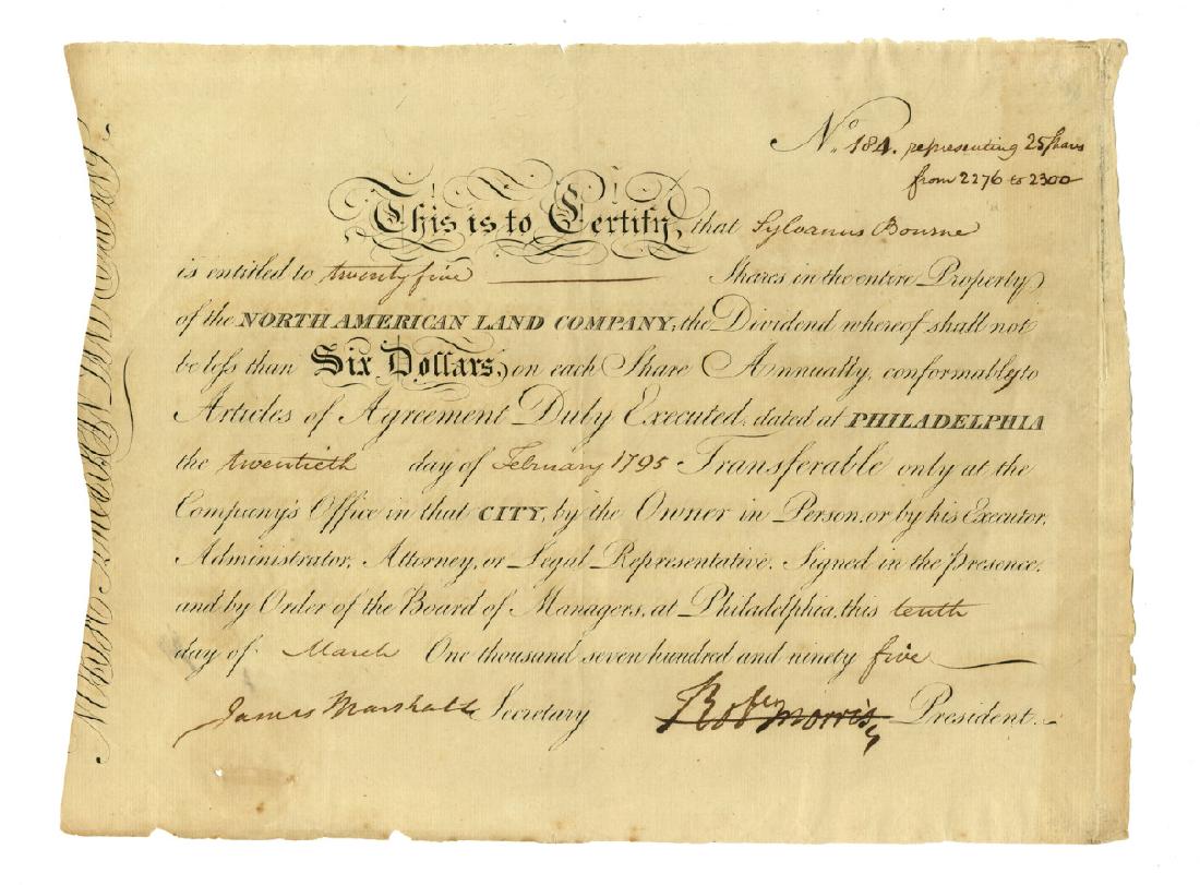 Robert Morris, Beautiful Signed Stock Certificate: Morris Robert Robert Morris, Beautiful Signed Stock Certificate 