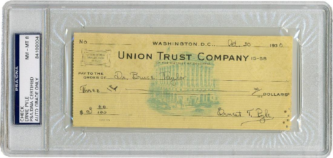 Ernie Pyle Signed Check, PSA/DNA Certified NM-MT 8 (1 of 3)