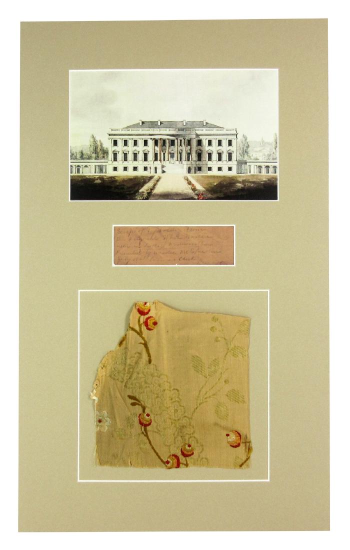 White House Fabric Swatch, Handsomely Presented: The White House White House Fabric Swatch, Handsomely Presented Fabric swatch salvaged from early White House furnishings, with superb provenance. The swatch appears in a floating mount under a reprod