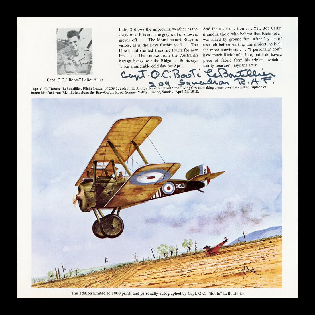 Red Baron Death Witness Capt. "Boots" LeBoutillier Who: von Richthofen Manfred Capt. "Boots" LeBoutillier Witnessed Death of Red Baron and Taught Amelia Earhart to Fly Superb limited edition aviation print personally inscribed and signed by Captain Oliver