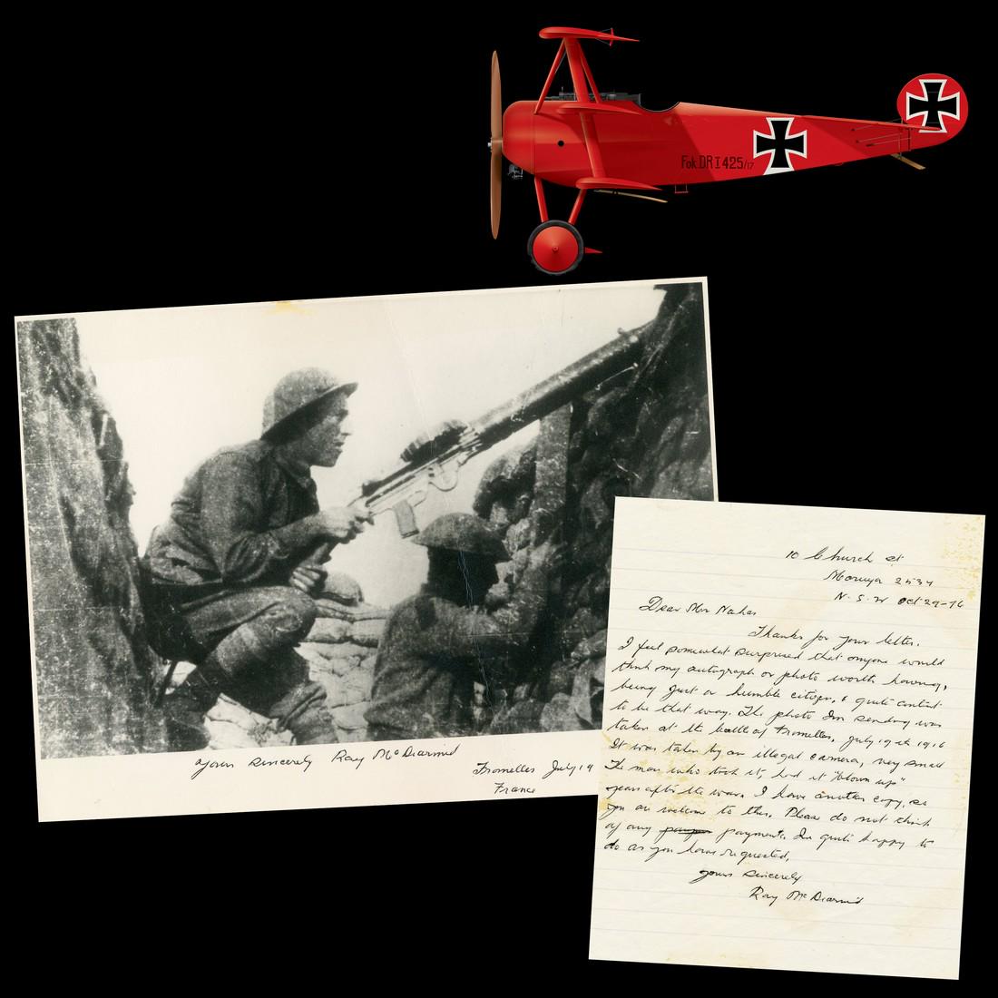 Red Baron's Death Witness Ray McDiarmid, Shot at Him: von Richthofen Manfred Ray McDiarmid, Australian Gunner, Witnessed Red Baron's Death - Shot at him but Missed! A fascinating 2-piece lot of Red Baron memorabilia, perfect for any serious World War I c