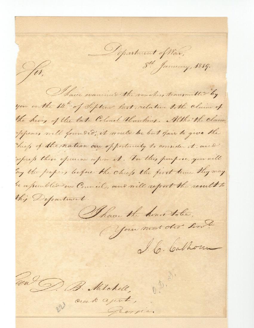 J. C. Calhoun Fantastic Native American-Related Letter, (1 of 2)