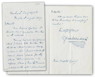 Charles Dickens Corrects An Address Related to The: Dickens Charles Charles Dickens Corrects An Address Related to The French Army Encircling Rome Bi-fold autograph letter signed, 4.5" x 7" on pale blue paper. Penned to the recto of the first and secon