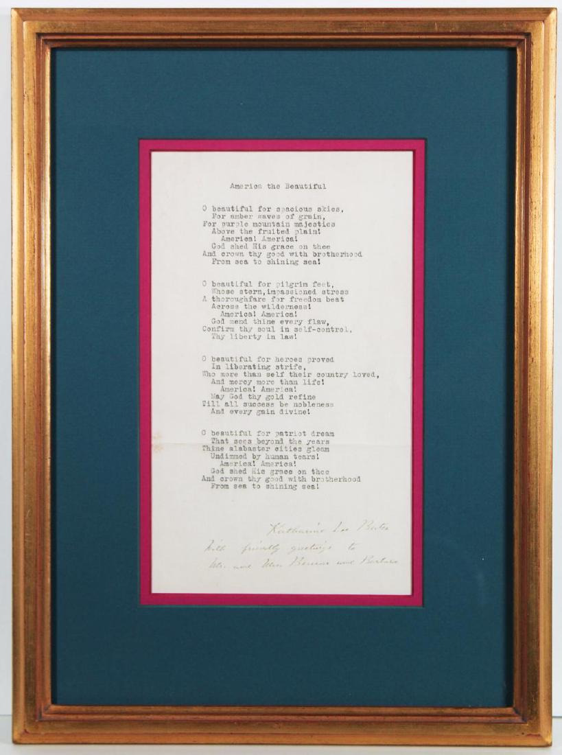 Katharine Lee Bates, Signed America The Beautiful Typed (1 of 2)