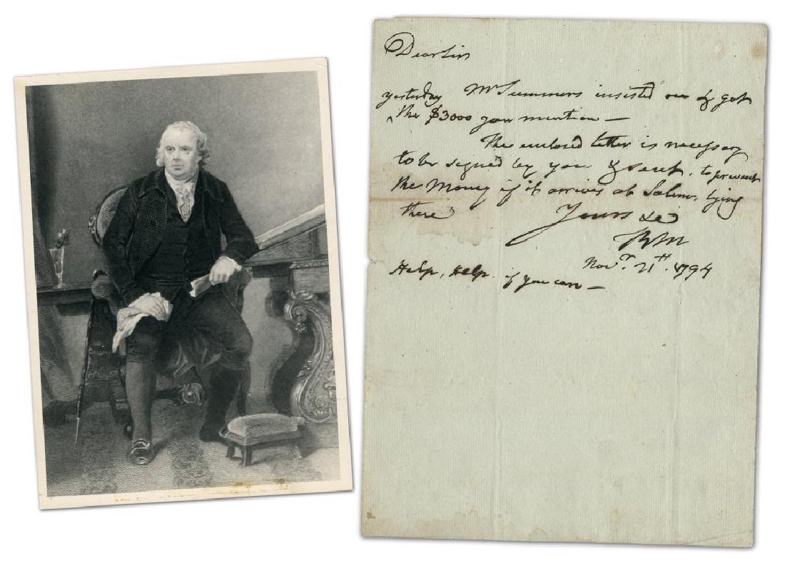 Robert Morris, Bankrupted Dec. Signer and Rev. War: Description: Morris Robert Robert Morris, Bankrupted Declaration Signer and Revolutionary War Financier, ALS: "Help, Help if you can - " 1p ALS inscribed overall, and signed with initials by Declarati