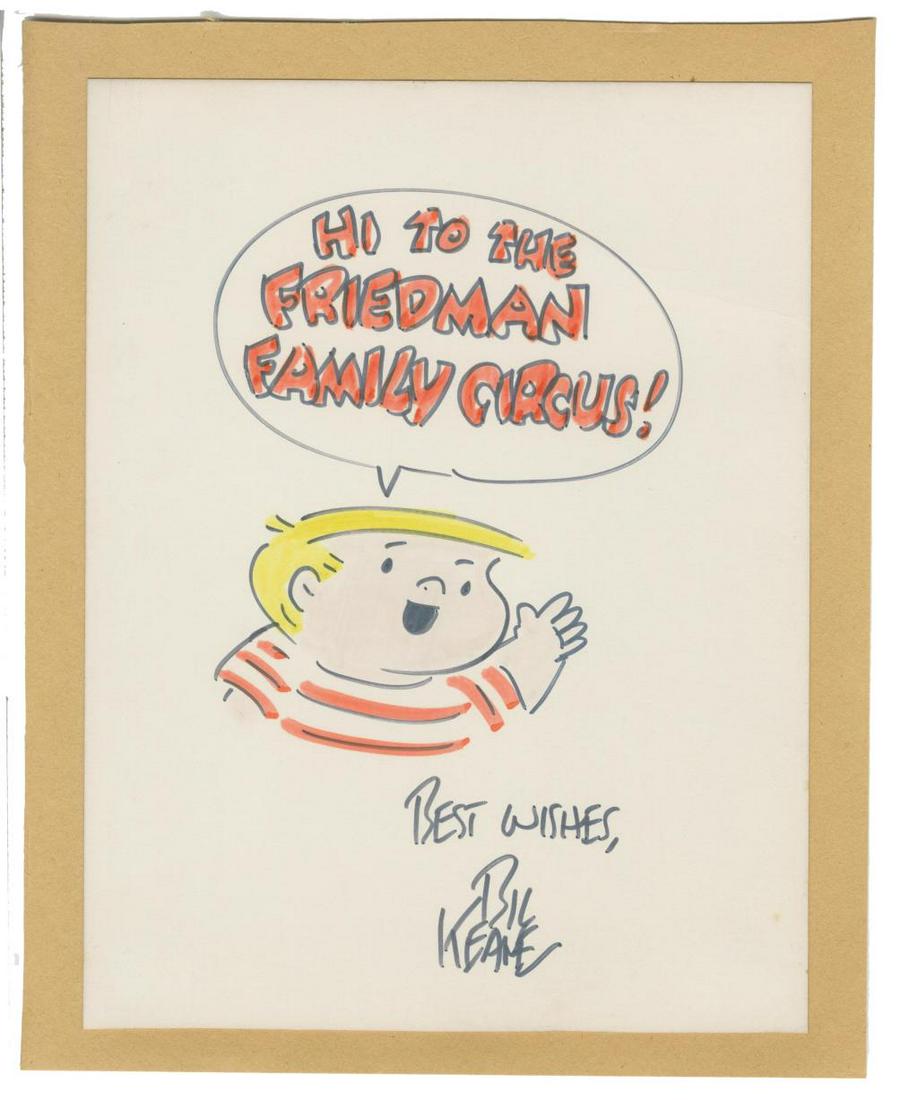 Family Circus, Bil Keane Signed Drawing of Jeffy: Comic Art Family Circus, Bil Keane Signed Drawing of Jeffy Fantastic original drawing of Jeffy on card stock. Rendered in vibrant colored markers, and signed by Bill Keane "Best wishes, Bill Keane". 6