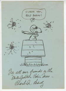 Snoopy as Red Baron, Signed and Inscribed by Charles: Schulz Charles Snoopy as Red Baron, Signed and Inscribed by Charles Schulz Single page light blue stationary stock, 7.5" x 10.5", with a classic printed image of Snoopy on his dog house, scarf flying,