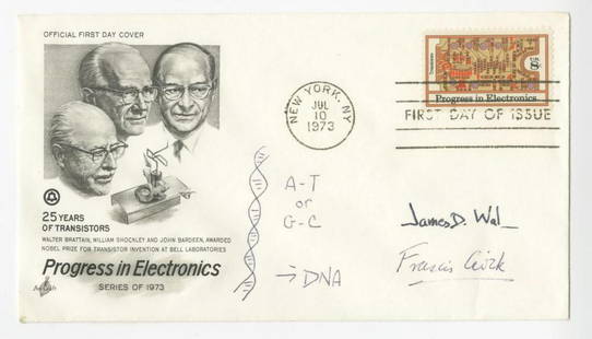 Watson & Crick, Signed First Day Cover W. Double Helix: Watson James Watson & Crick, Signed First Day Cover W. Double Helix Drawing. First day cover signed by both James Watson and Francis Crick, with a spectacular drawing of a double helix strand of DNA r