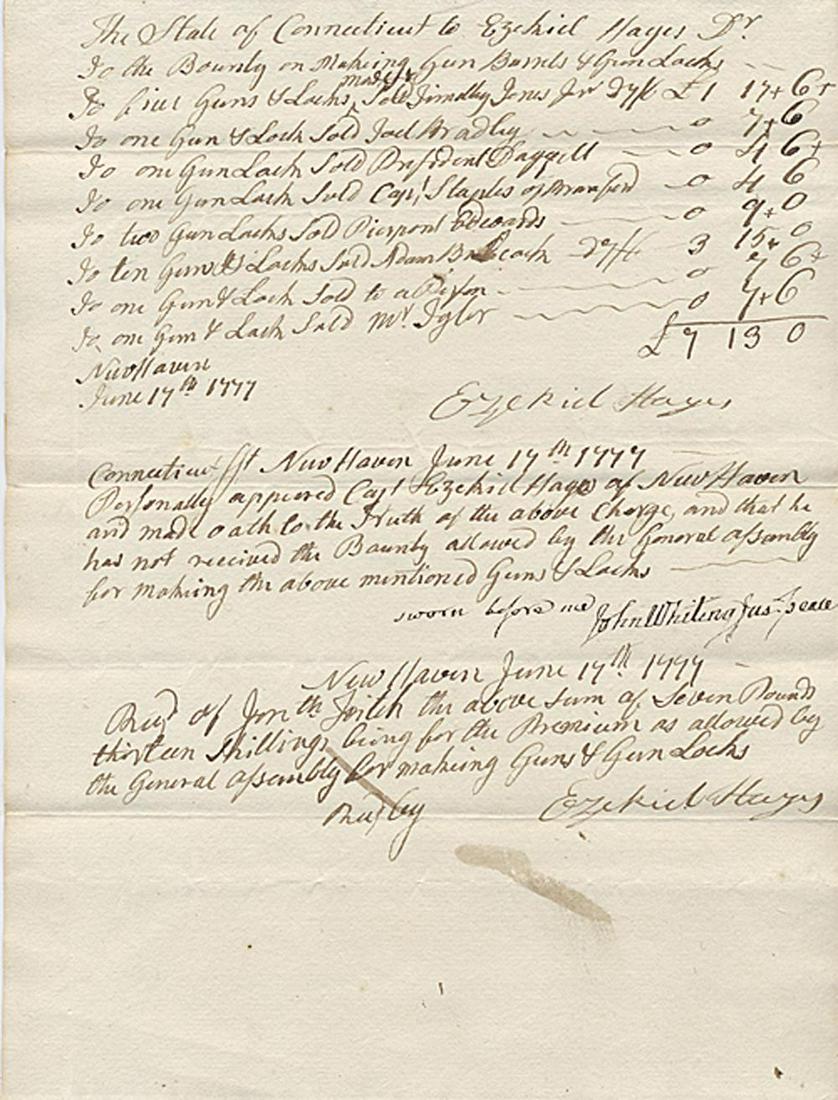 Capt. Ezekiel Hayes, Great Grandfather of President: Arnold Benedict Capt. Ezekiel Hayes, Great Grandfather of President Rutherford B. Hayes, Receives Bounty for Making Guns & Locks for Soldiers in Capt. Benedict Arnold Second Company. Manuscript Docume