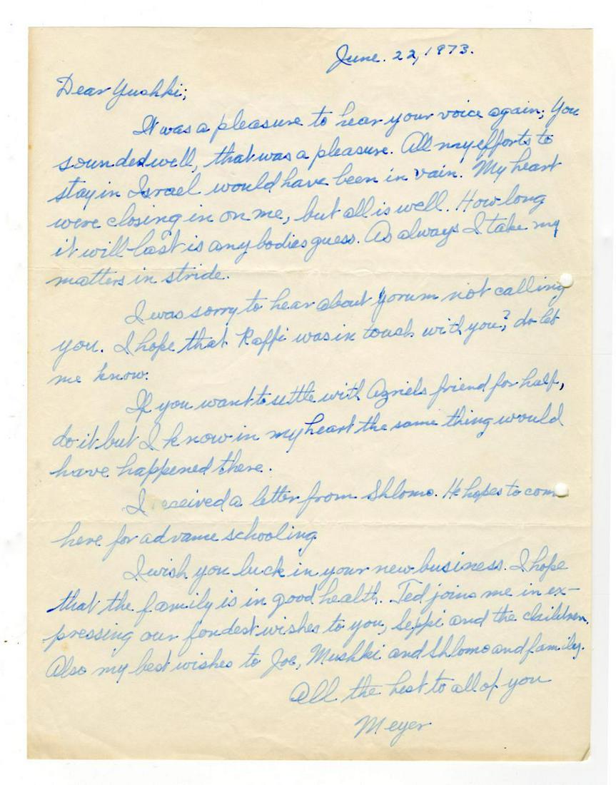 Meyer Lansky Mobster Letter to Israeli Security Agency (1 of 3)