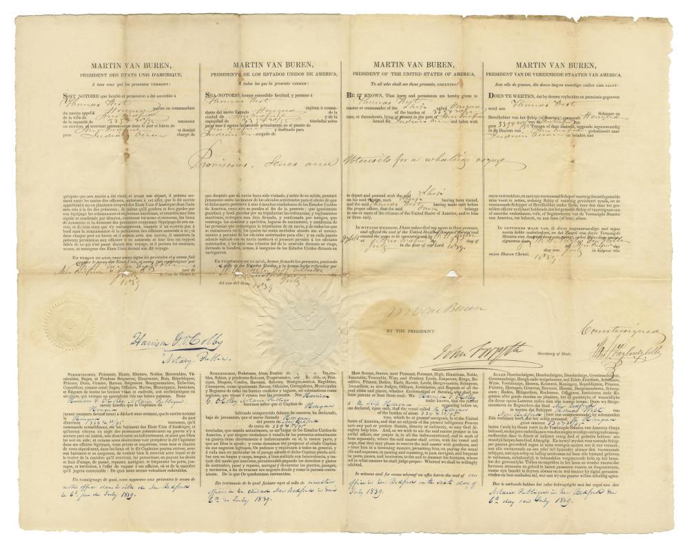 Van Buren Signed Massive Four-Languages Ship's: Van Buren Martin Van Buren Signed Massive Four-Languages Ship's Passport, with Remarkable Associations to Melville's Own Whaling Voyage, Inspiring "Moby Dick" One oversized partially printed document