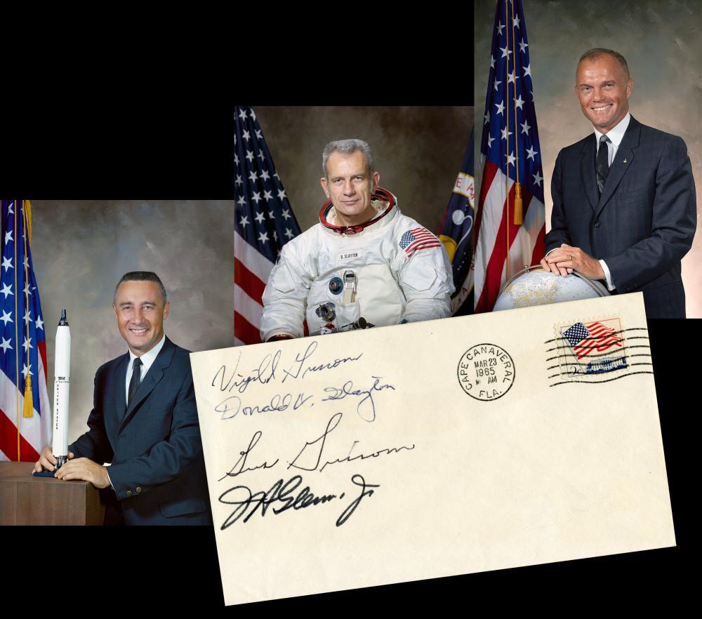 John Glenn, Gus Grissom, & Deke Slayton Signed Postal (1 of 6)