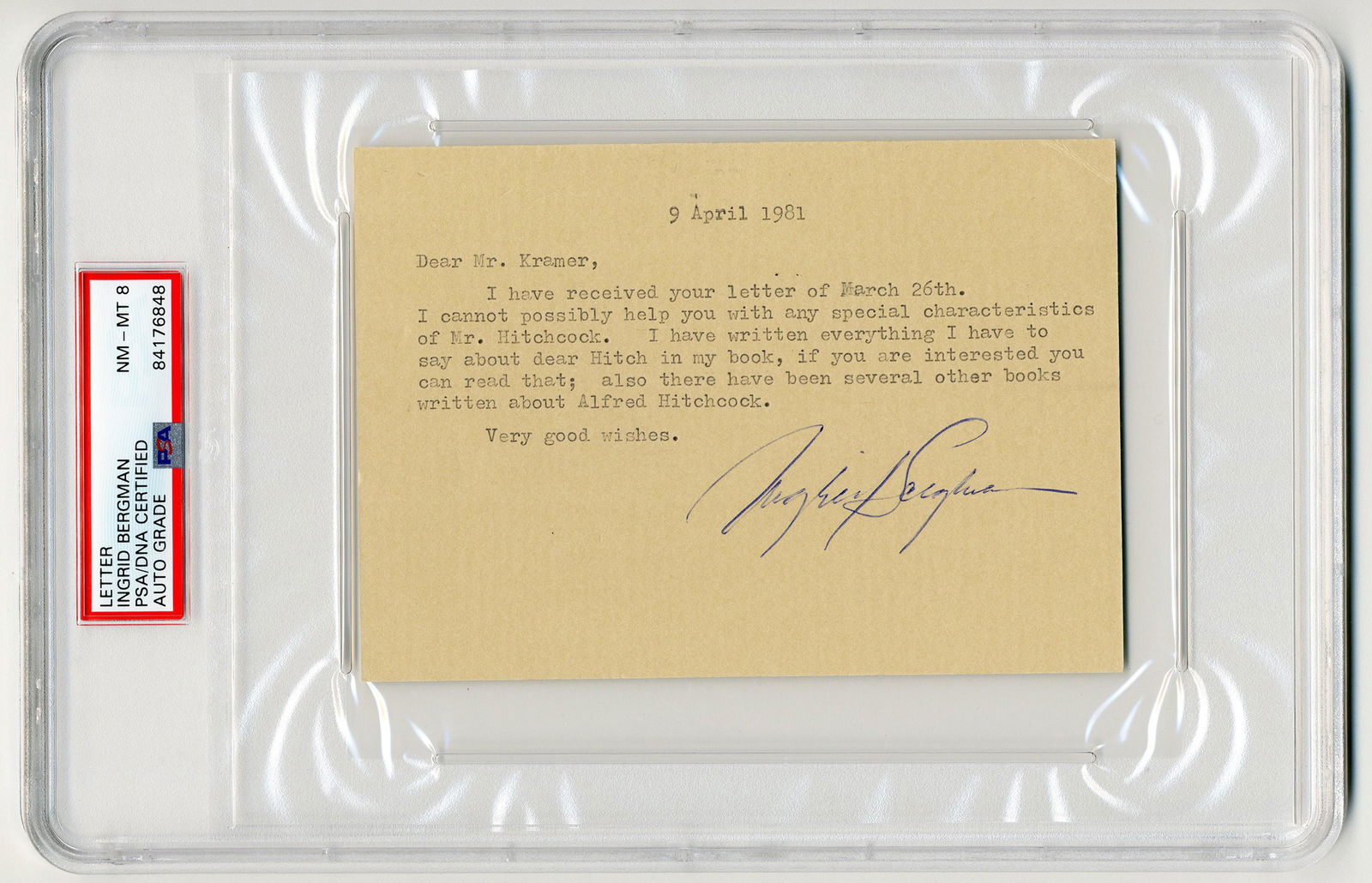 Ingrid Bergman TLS Re: Hitchcock, PSA Slabbed & Graded (1 of 3)
