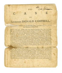 Rare 1766 Colonial New York Pamphlet Promised Land for: Colonial New York Rare Colonial New York pamphlet seeking land promised for Scottish clan in 1766 DONALD CAMPBELL, Printed Document, The Case of Lieutenant Donald Campbell, London?: 1766?