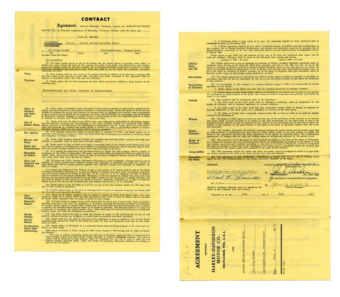 Harley Davidson Motorcycle DS by John Davidson, the: Harley-Davidson Standard early dealer agreement contract between Harley-Davidson and Pennsylvania dealer "Paul W. Haines", "dba Haines Harley-Davidson Sales". Dated "July 31, 1965". On yellow paper, 8