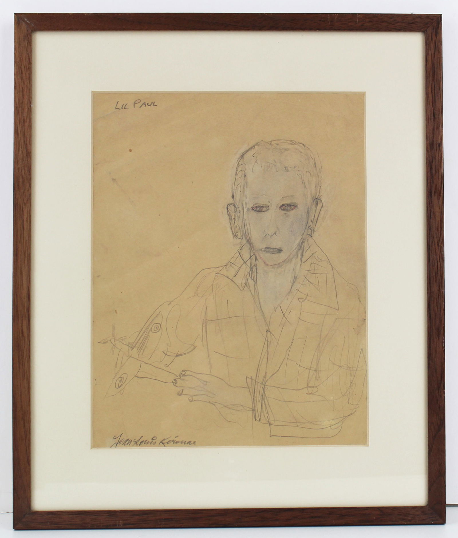 Jack Kerouac Original Signed Drawing of Nephew,: Kerouac Jack Jack Kerouac Original Signed Drawing of Nephew, Impeccable Provenance! Stunning Jack Kerouac original drawing of "Lil Paul", rendered in graphite and signed by Kerouac as "Jean Louis K
