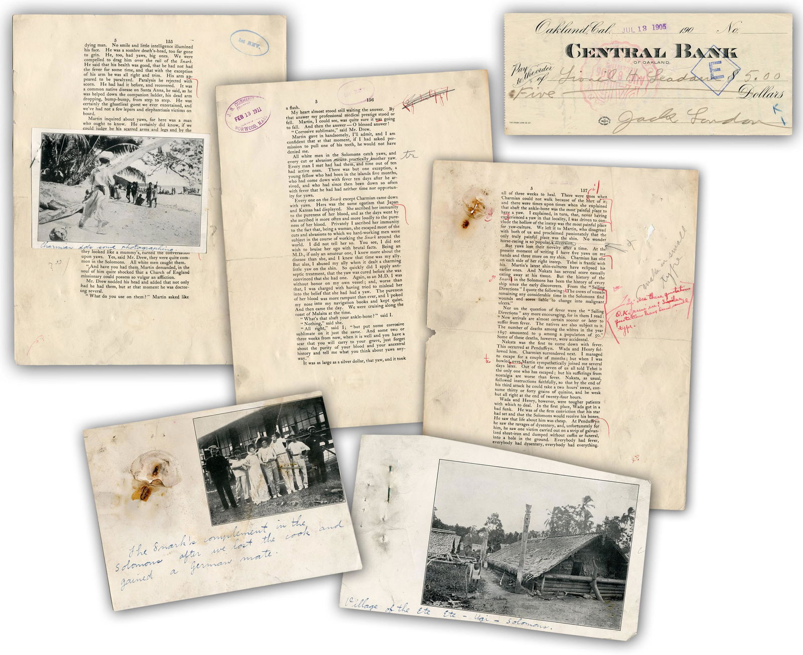 All about Yaws: Jack London's "The Cruise of the Snark": London Jack All about Yaws: Jack London's The Cruise of the Snark Annotated Manuscript and Signed Check Lot consists of 3pp 1st revision typed manuscript of The Cruise of the Snark with 45+ han