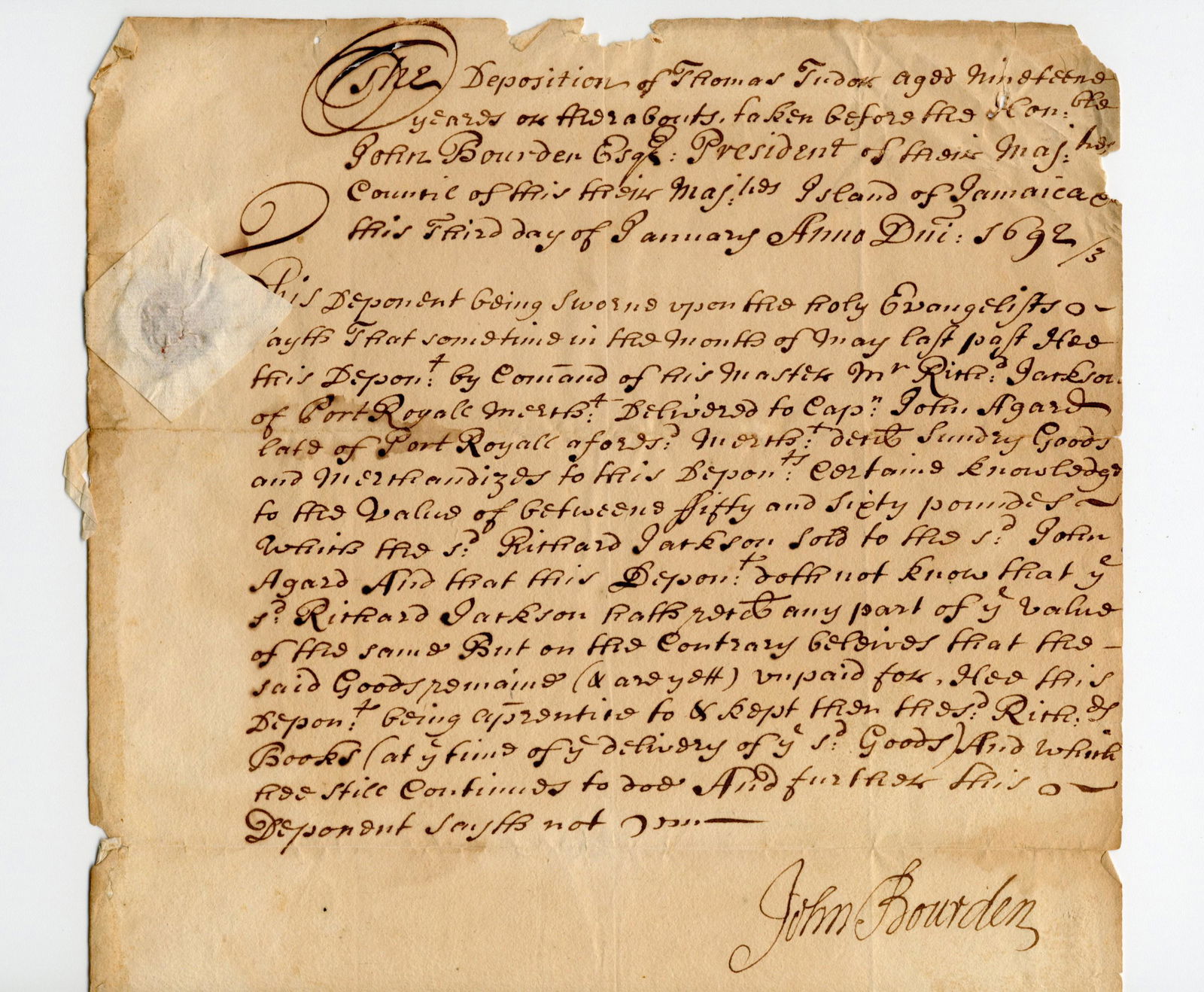 1693 Jamaica Rare Document, 6 Months after Devastating (1 of 3)