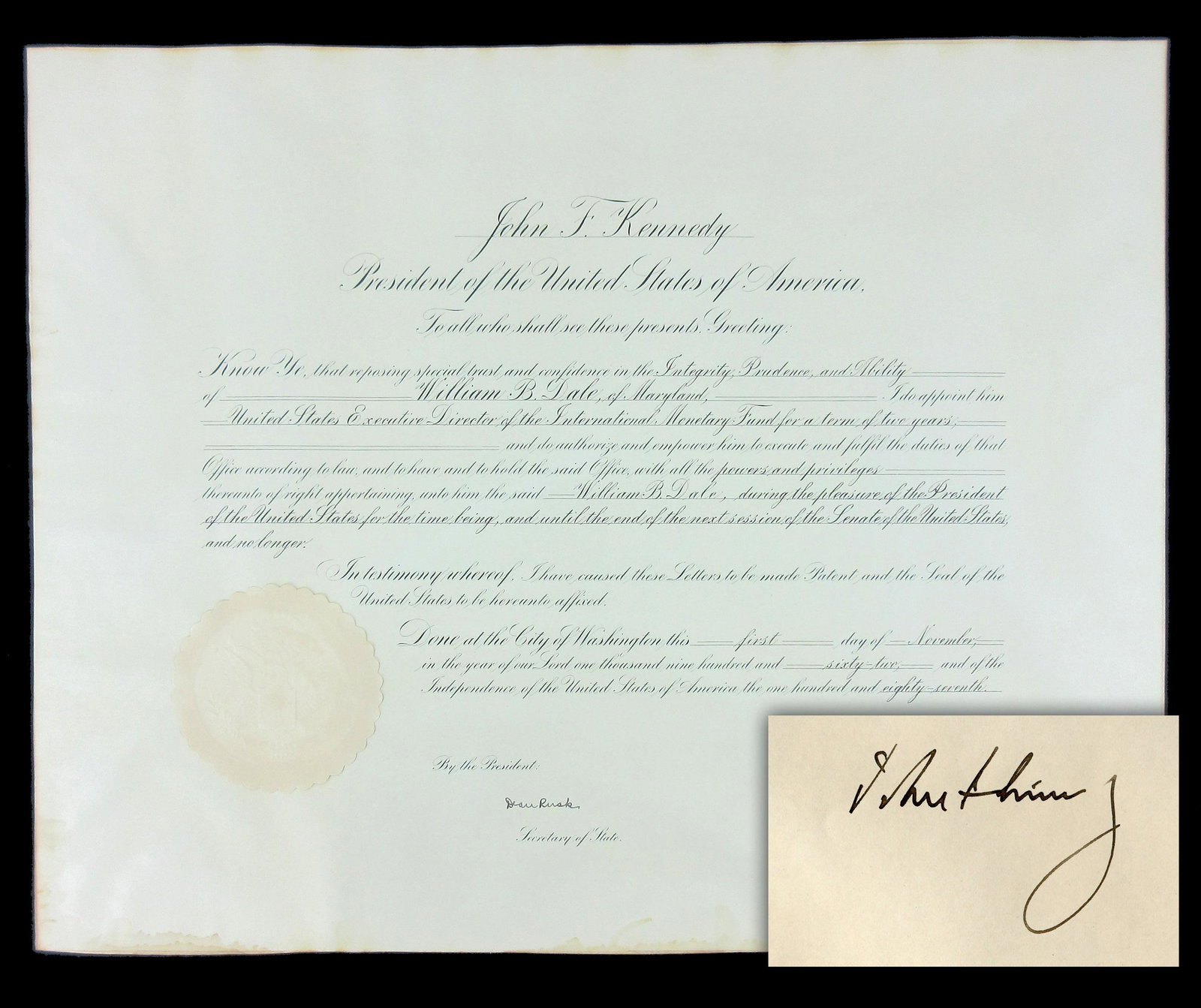 John F. Kennedy Boldly Signed IMF Presidential (1 of 4)