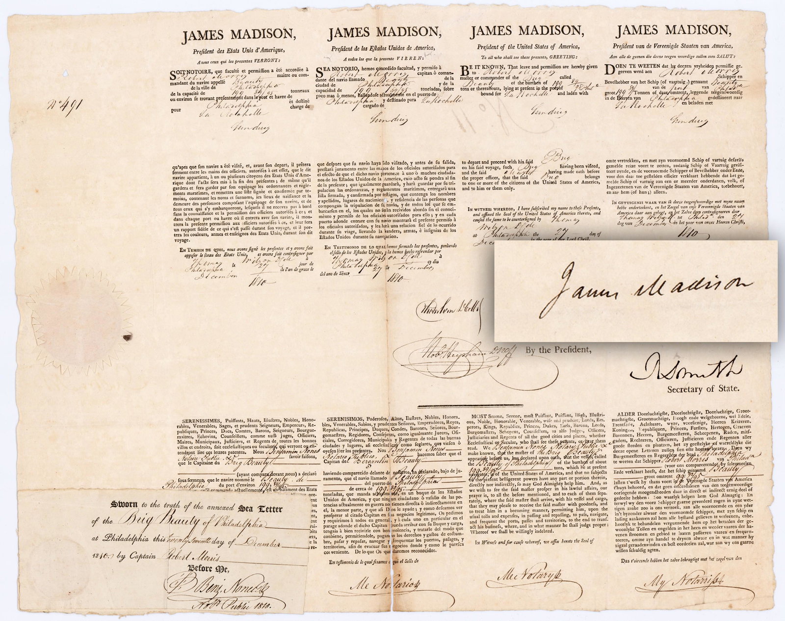 J. Madison Signed Ship's Papers (1 of 5)