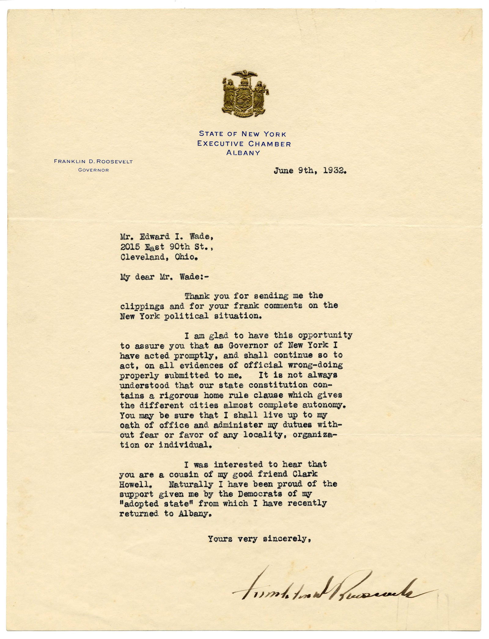 F.D. Roosevelt "rigorous home rule" TLS as NY Governor; (1 of 2)