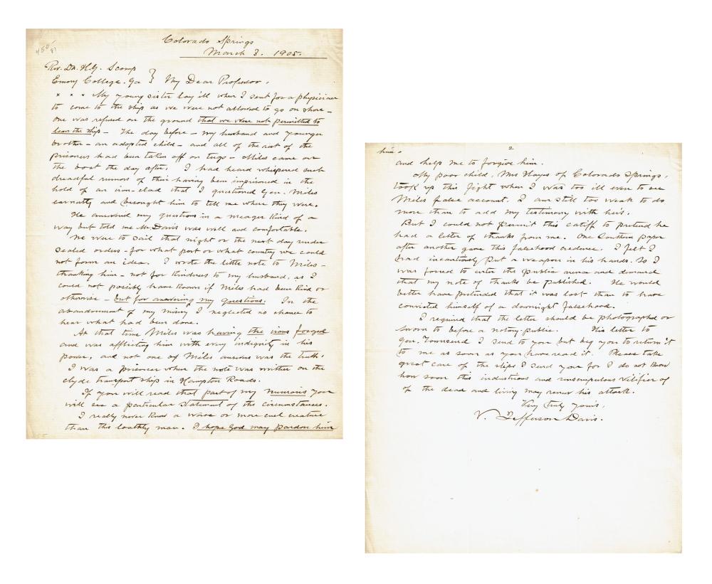 Varina Davis Re: Jailer's Account of Jefferson Davis (1 of 4)