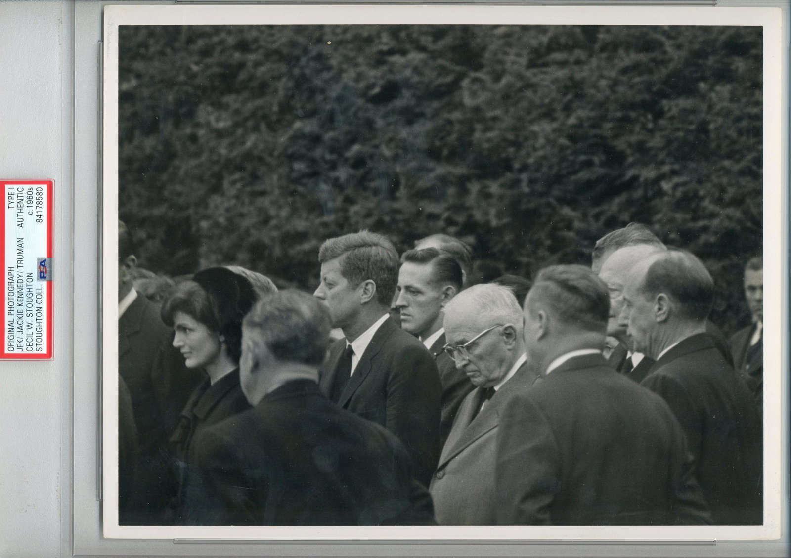 JFK, Jackie, Ike & Truman at Eleanor Roosevelt's: Kennedy John JFK, Jackie, Ike & Truman at Eleanor Roosevelt's Funeral Cecil Stoughton's Own Type I Photo Slabbed Slabbed black and white original 8" x 10" photograph, JFK, Jackie, Ike, Truman certifie
