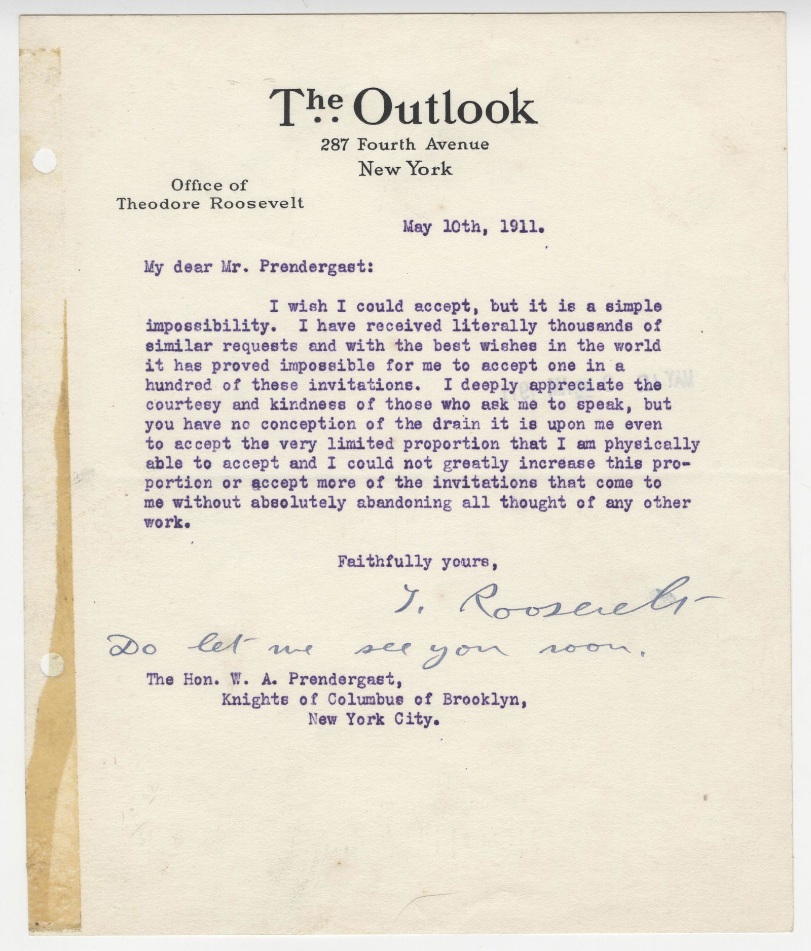 Theodore Roosevelt 1p TLS With Nice Postscript . Ex (1 of 1)