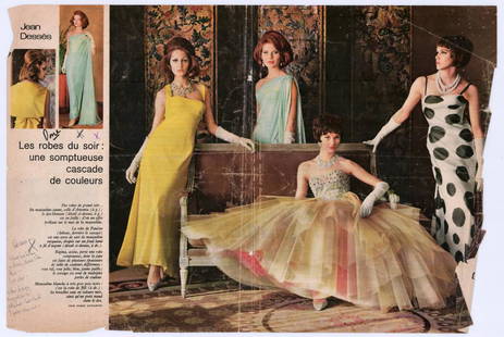 Jackie Kennedy's Annotated French Fashion Magazine: Jackie Kennedy's Annotated French Fashion Magazine Tear-outs, to Inspire Future Oleg Cassini Designs 4pp French fashion magazine spread annotated with 20+ words in the hand of First Lady Jacqueline Ke