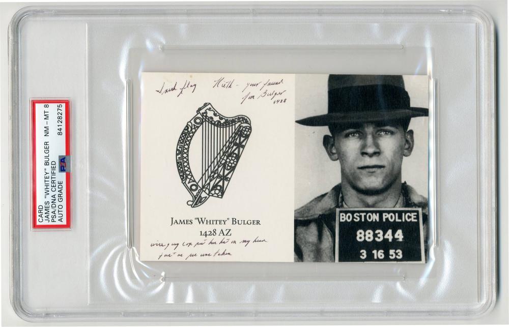 James "Whitey" Bulger Best Signed Item We've Ever Seen!: James "Whitey" Bulger Best Signed Item We've Ever Seen! PSA/DNA Slabbed & Graded NM-MT 8 A PSA/DNA encapsulated postcard fully engrossed by James "Whitey" Bulger (1929-2018), the notorious Boston gang