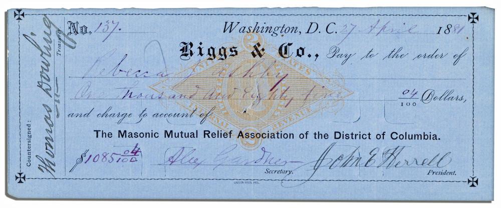 Civil War Photographer Alexander Gardner Signed Check: Civil War Photographer Alexander Gardner Signed Check Civil War photographer Alexander Gardner check signed, "Alex Gardner" as Secretary of the Masonic Mutual Relief Association of the District of Col