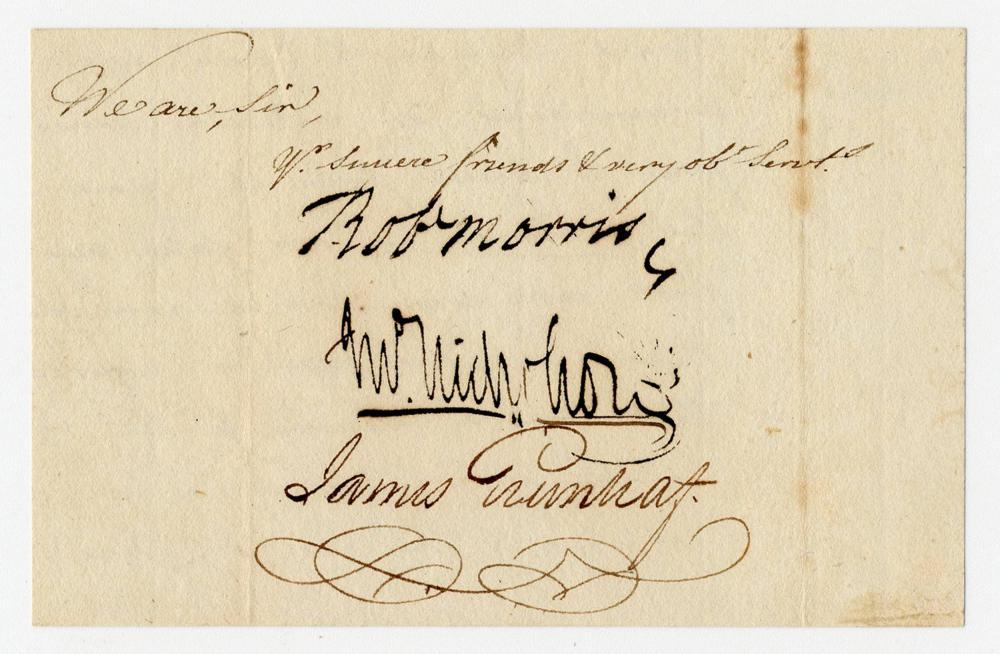 Robert Morris & Two Partners of the Ill-fated North: Robert Morris & Two Partners of the Ill-fated North American Land Company Sign Business Document A paper fragment signed by three of America's earliest real estate investors including Robert Morris (1