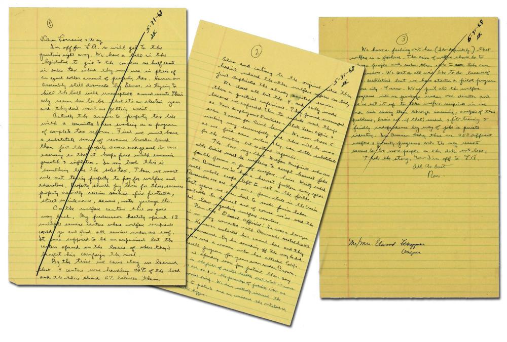 Ronald Reagan on Taxes and Welfare, Ex-Forbes: Ronald Reagan on Taxes and Welfare, Ex-Forbes RONALD REAGAN, Autograph Letter Signed, to Lorraine Wagner and Elwood Wagner, May 31, 1968. 3 pp., 8? x 12.5?. Excellent. California governor Ronald Reaga