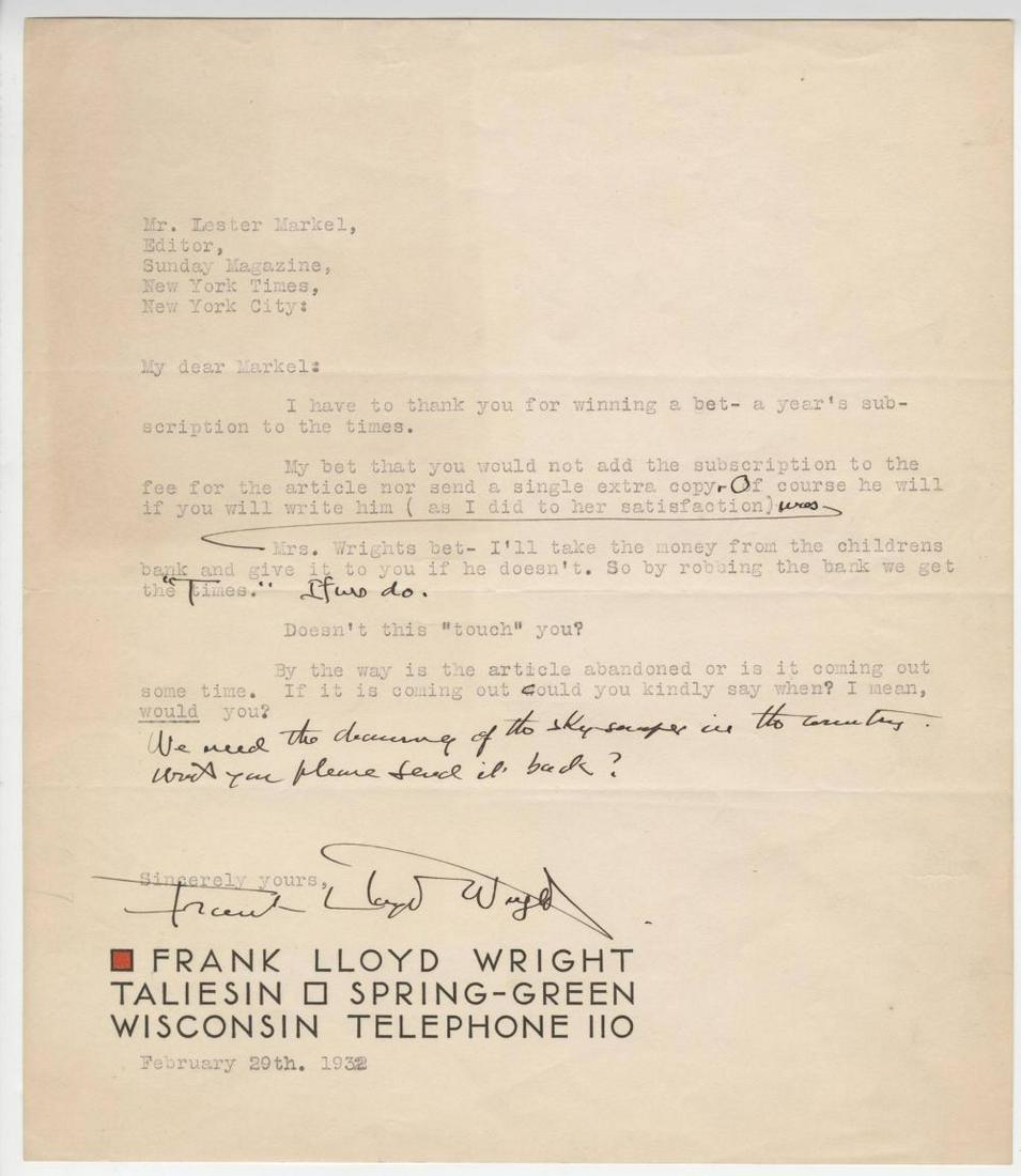 Frank Lloyd Wright Dissing Skyscrapers, Signed & (1 of 3)